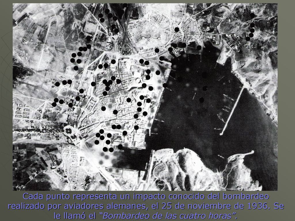 Cada punto representa un impacto conocido del bombardeo realizado por aviadores alemanes, el 25 de noviembre de 1936.
