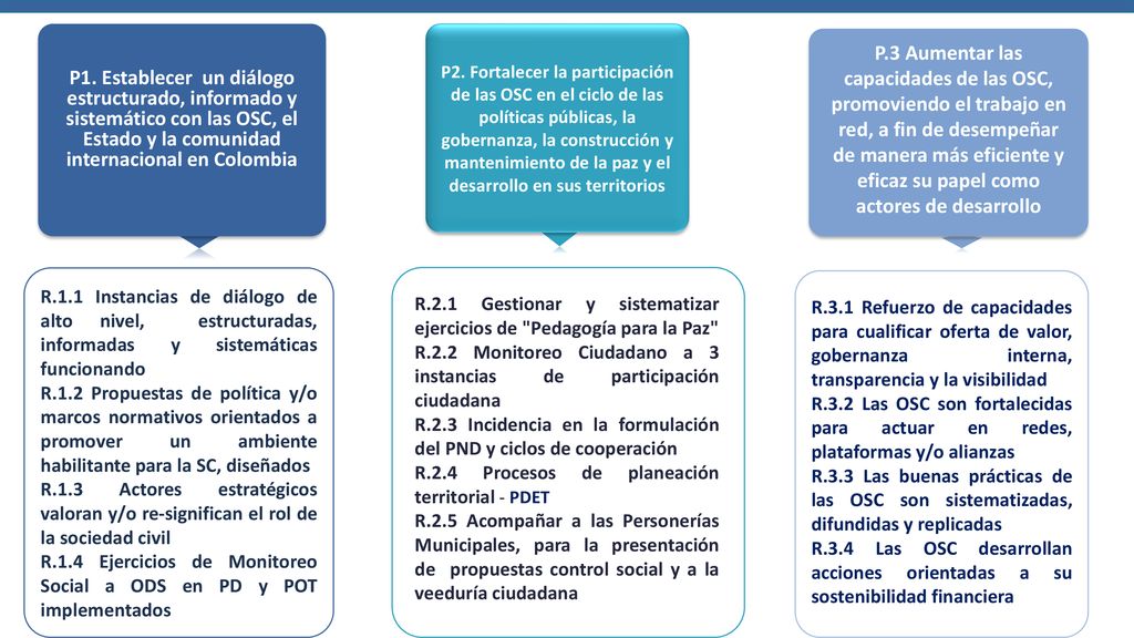 P1. Establecer un diálogo estructurado, informado y sistemático con las OSC, el Estado y la comunidad internacional en Colombia