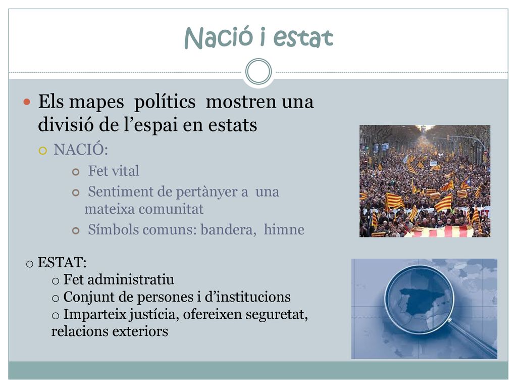 Nació i estat Els mapes polítics mostren una divisió de l’espai en estats. NACIÓ: Fet vital. Sentiment de pertànyer a una mateixa comunitat.