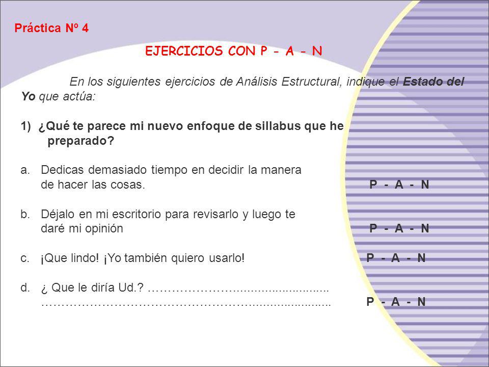 Práctica Nº 4 EJERCICIOS CON P - A - N. En los siguientes ejercicios de Análisis Estructural, indique el Estado del Yo que actúa:
