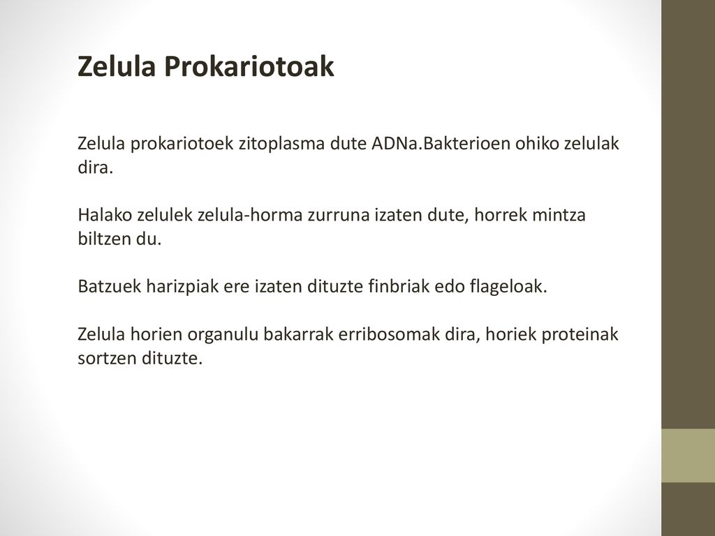 Zelula Prokariotoak Zelula prokariotoek zitoplasma dute ADNa.Bakterioen ohiko zelulak dira.