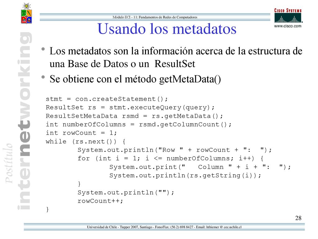 Usando los metadatos Los metadatos son la información acerca de la estructura de una Base de Datos o un ResultSet.