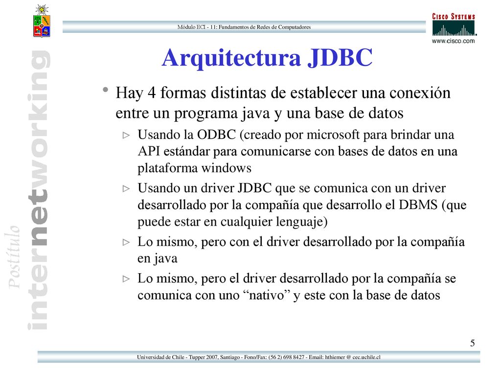 Arquitectura JDBC Hay 4 formas distintas de establecer una conexión entre un programa java y una base de datos.