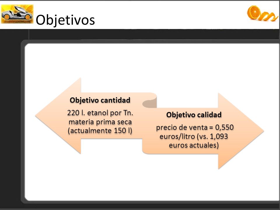 Objetivos 220 l. etanol por Tn. materia prima seca (actualmente 150 l)