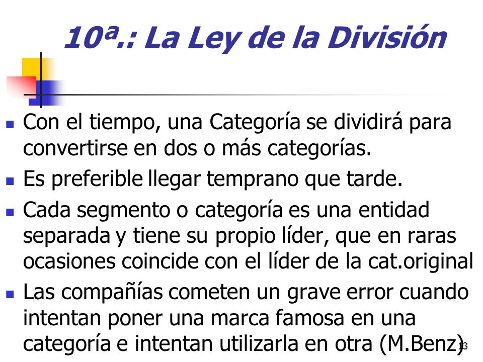 10ª.: La Ley de la División Con el tiempo, una Categoría se dividirá para convertirse en dos o más categorías.