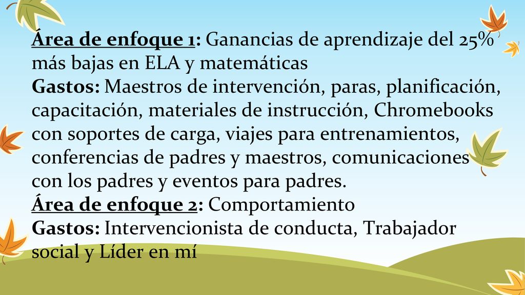 Área de enfoque 1: Ganancias de aprendizaje del 25% más bajas en ELA y matemáticas
