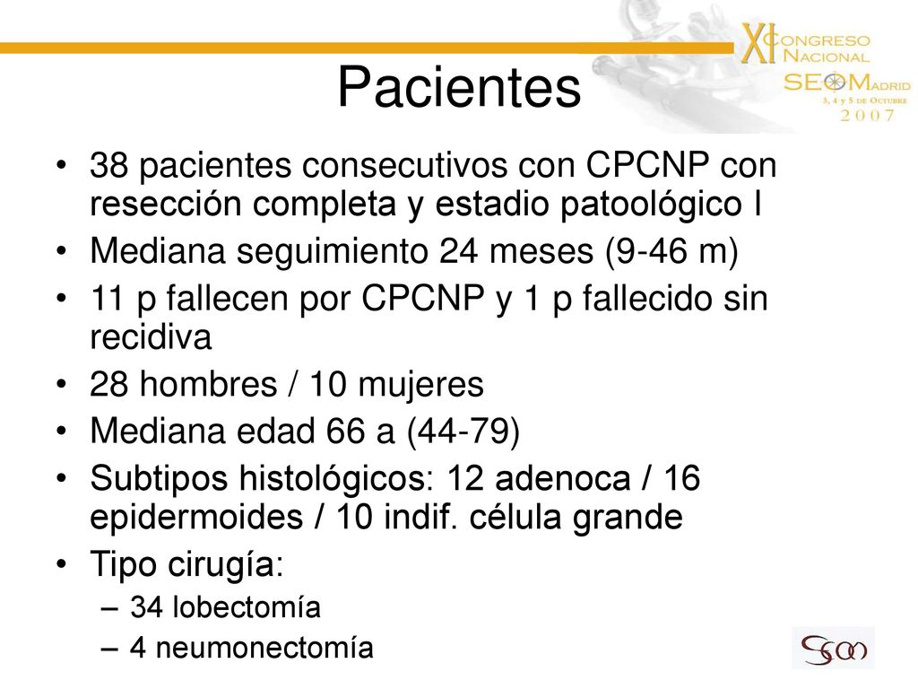Pacientes 38 pacientes consecutivos con CPCNP con resección completa y estadio patoológico I. Mediana seguimiento 24 meses (9-46 m)