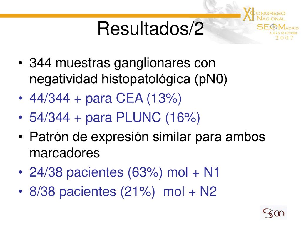 Resultados/2 344 muestras ganglionares con negatividad histopatológica (pN0) 44/344 + para CEA (13%)
