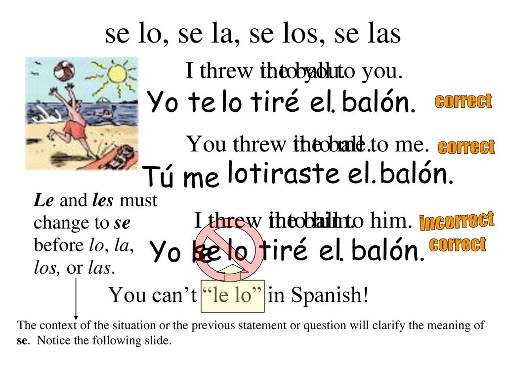 se lo, se la, se los, se las Yo te lo tiré el balón. . lo tiraste
