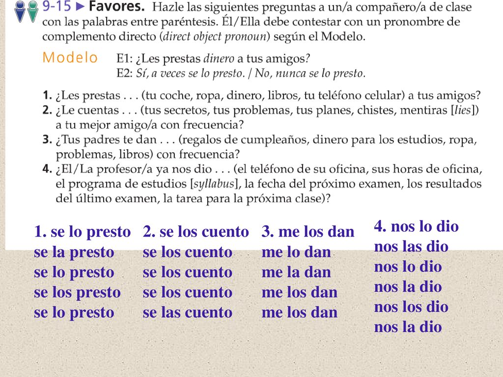 4. nos lo dio nos las dio. nos lo dio. nos la dio. nos los dio. 1. se lo presto. se la presto.