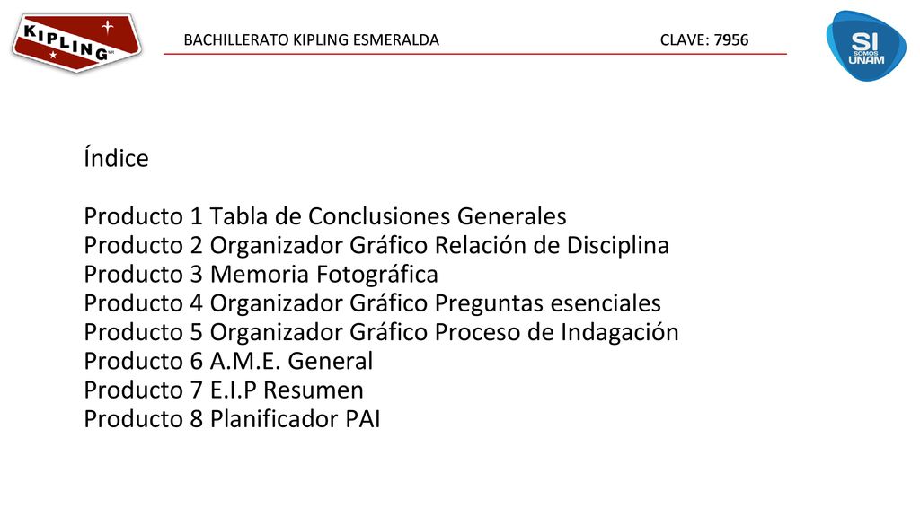 Índice Producto 1 Tabla de Conclusiones Generales. Producto 2 Organizador Gráfico Relación de Disciplina.