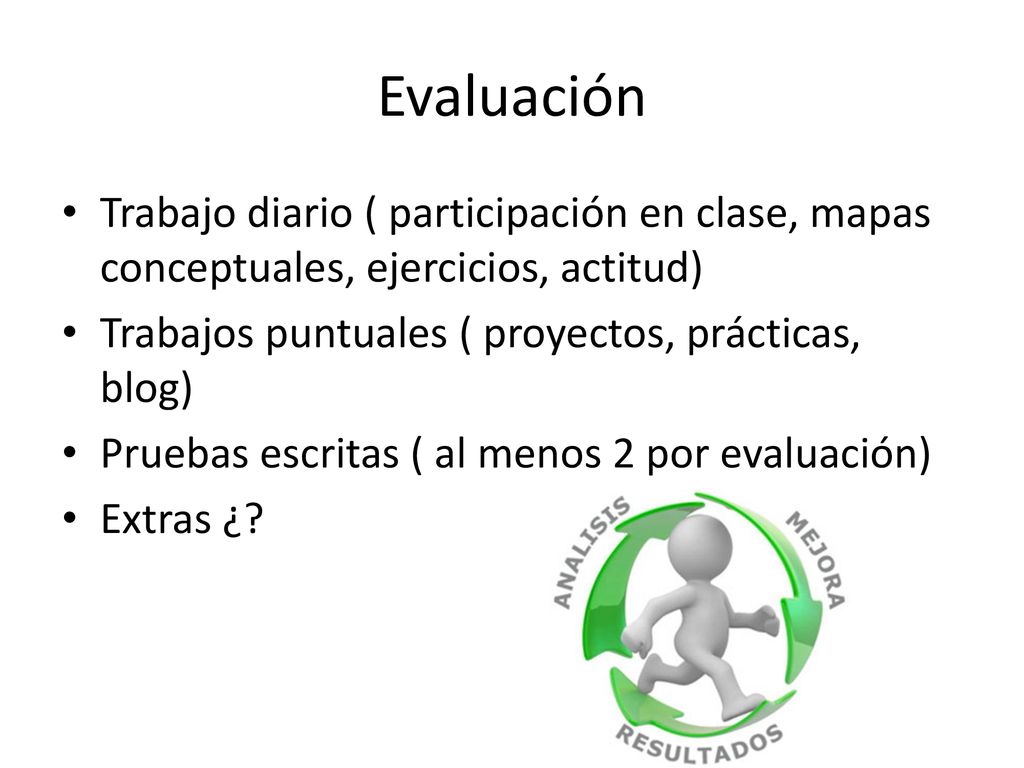 Evaluación Trabajo diario ( participación en clase, mapas conceptuales, ejercicios, actitud) Trabajos puntuales ( proyectos, prácticas, blog)