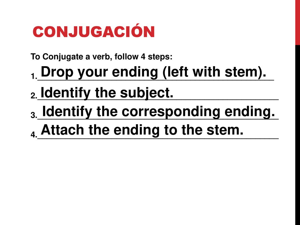 CONJUGAciÓn Drop your ending (left with stem). Identify the subject.