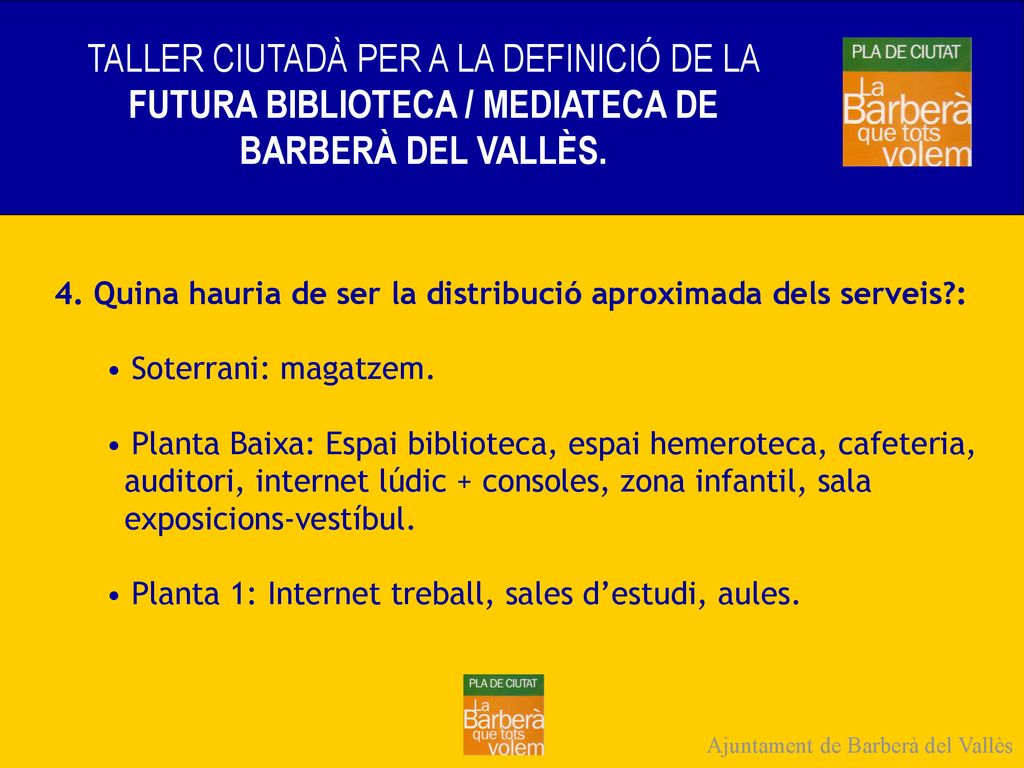 TALLER CIUTADÀ PER A LA DEFINICIÓ DE LA FUTURA BIBLIOTECA / MEDIATECA DE BARBERÀ DEL VALLÈS.