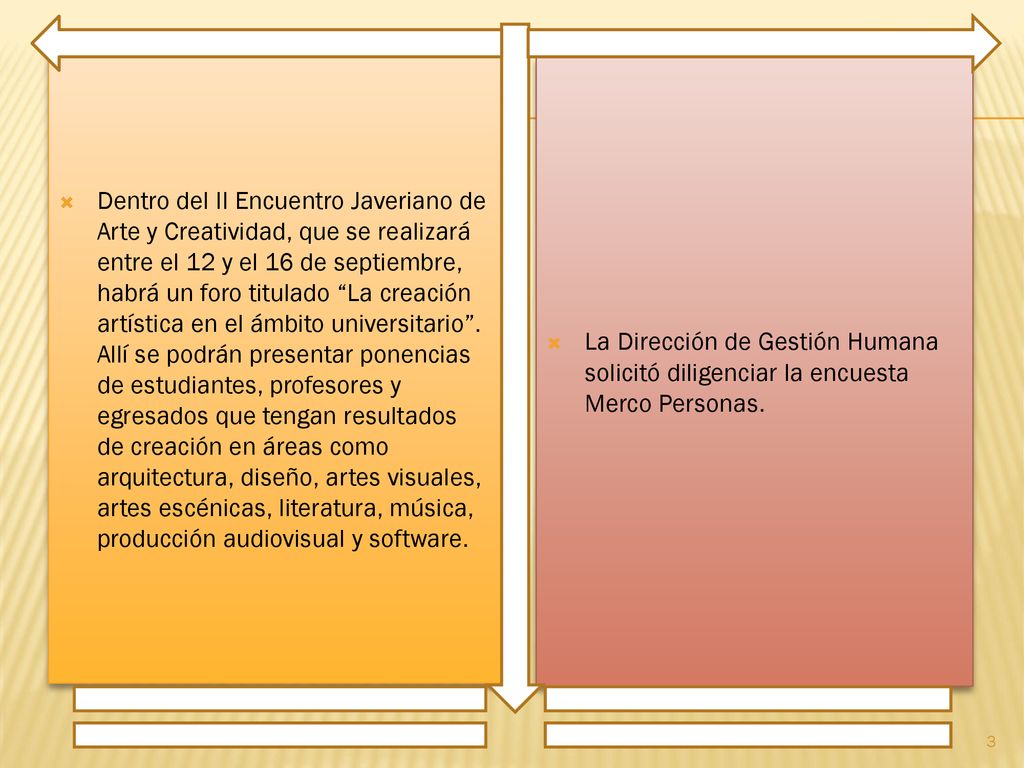 Dentro del II Encuentro Javeriano de Arte y Creatividad, que se realizará entre el 12 y el 16 de septiembre, habrá un foro titulado La creación artística en el ámbito universitario . Allí se podrán presentar ponencias de estudiantes, profesores y egresados que tengan resultados de creación en áreas como arquitectura, diseño, artes visuales, artes escénicas, literatura, música, producción audiovisual y software.