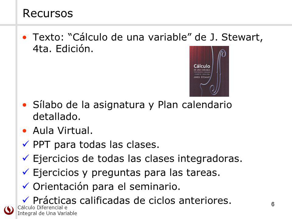 Recursos Texto: Cálculo de una variable de J. Stewart, 4ta. Edición.