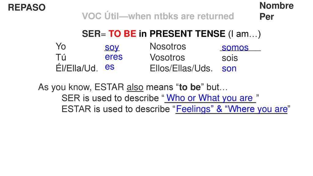 Nombre Per. REPASO. VOC Útil—when ntbks are returned. SER= TO BE in PRESENT TENSE (I am…) Yo ___ Nosotros ________.