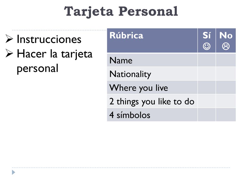 Tarjeta Personal Instrucciones Hacer la tarjeta personal Rúbrica Sí 