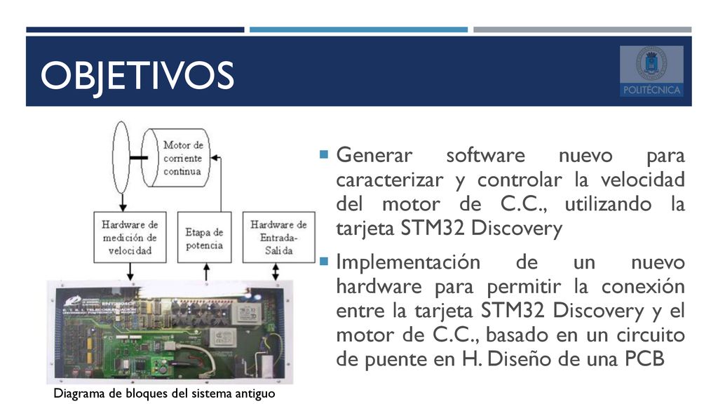 OBJETIVOS Generar software nuevo para caracterizar y controlar la velocidad del motor de C.C., utilizando la tarjeta STM32 Discovery.