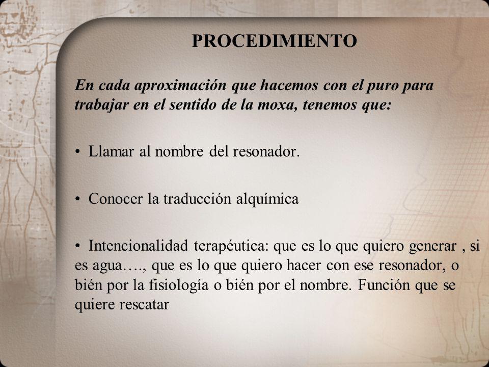 PROCEDIMIENTO En cada aproximación que hacemos con el puro para trabajar en el sentido de la moxa, tenemos que:
