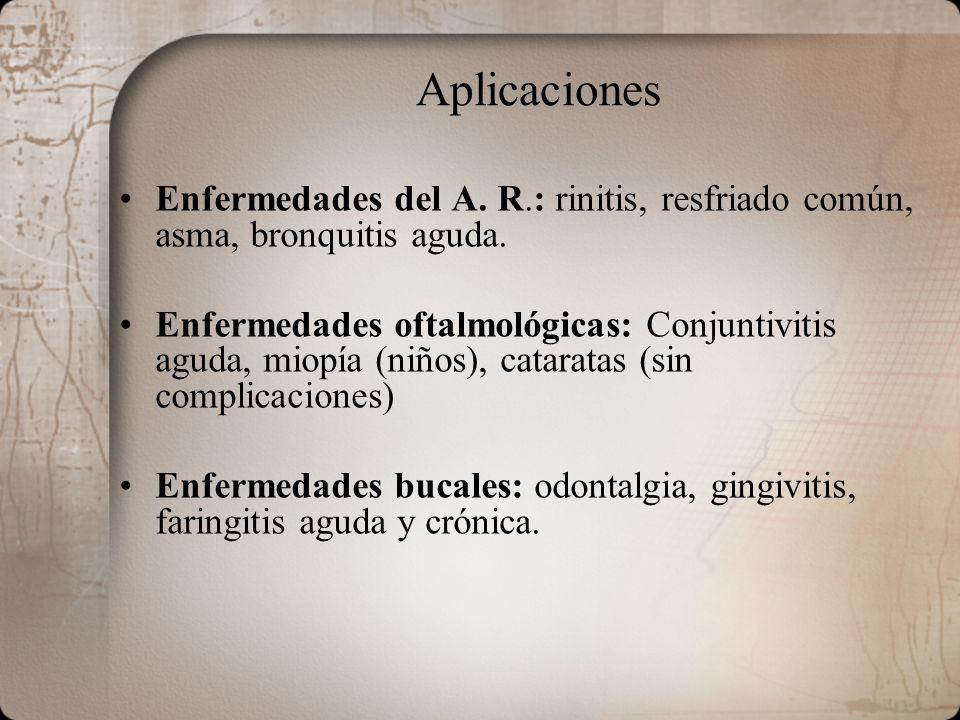 Aplicaciones Enfermedades del A. R.: rinitis, resfriado común, asma, bronquitis aguda.