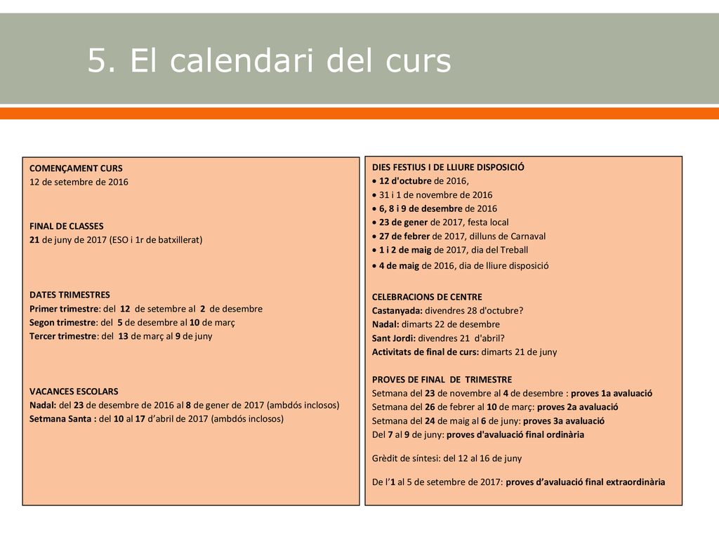 5. El calendari del curs 8 COMENÇAMENT CURS 12 de setembre de 2016