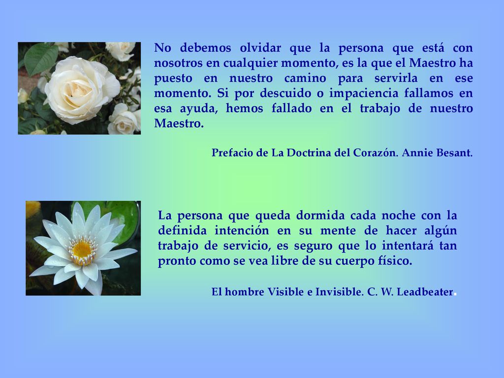 No debemos olvidar que la persona que está con nosotros en cualquier momento, es la que el Maestro ha puesto en nuestro camino para servirla en ese momento. Si por descuido o impaciencia fallamos en esa ayuda, hemos fallado en el trabajo de nuestro Maestro.
