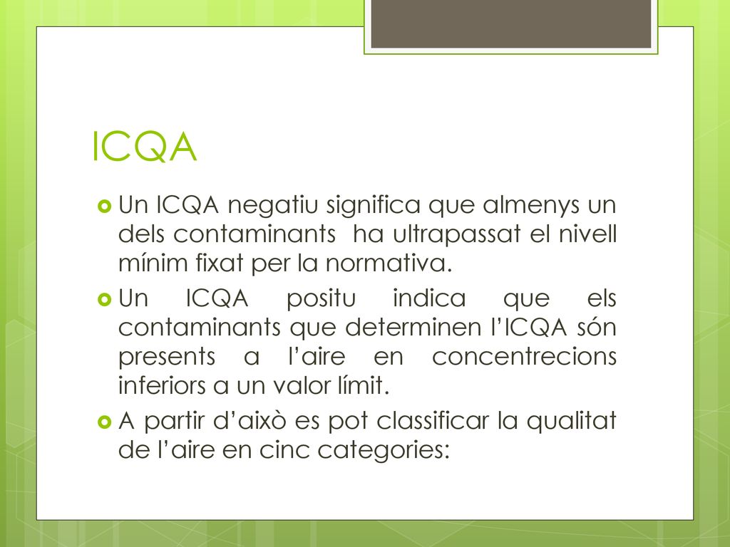 ICQA Un ICQA negatiu significa que almenys un dels contaminants ha ultrapassat el nivell mínim fixat per la normativa.