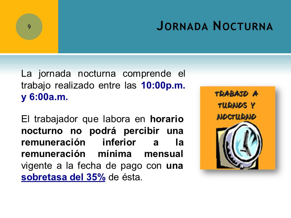 Jornada Nocturna La jornada nocturna comprende el trabajo realizado entre las 10:00p.m. y 6:00a.m.