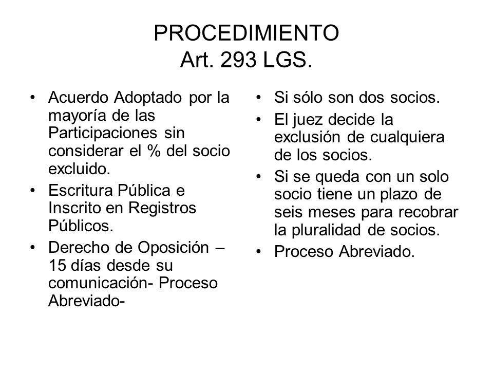PROCEDIMIENTO Art. 293 LGS. Acuerdo Adoptado por la mayoría de las Participaciones sin considerar el % del socio excluido.