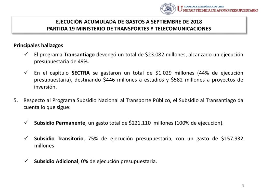 EJECUCIÓN ACUMULADA DE GASTOS A SEPTIEMBRE DE 2018 PARTIDA 19 MINISTERIO DE TRANSPORTES Y TELECOMUNICACIONES