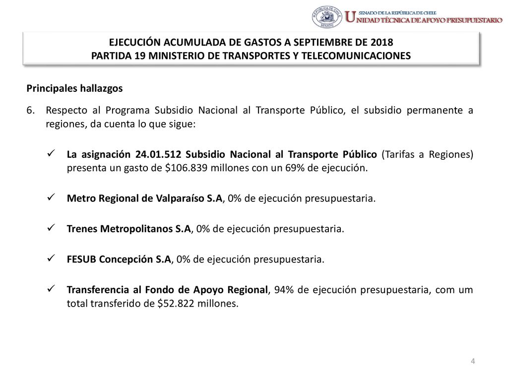 EJECUCIÓN ACUMULADA DE GASTOS A SEPTIEMBRE DE 2018 PARTIDA 19 MINISTERIO DE TRANSPORTES Y TELECOMUNICACIONES
