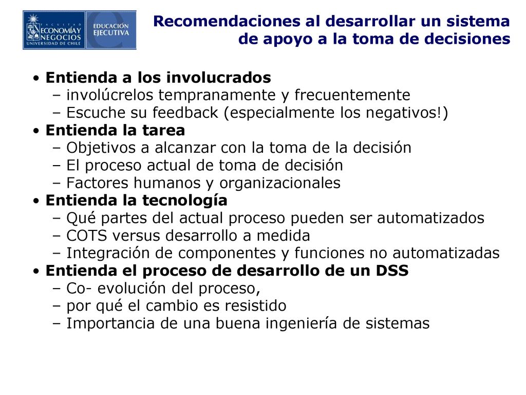Recomendaciones al desarrollar un sistema de apoyo a la toma de decisiones
