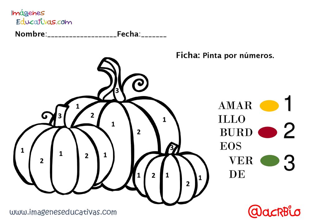 1 2 3 AMARILLO BURDEOS VERDE Ficha: Pinta por números.