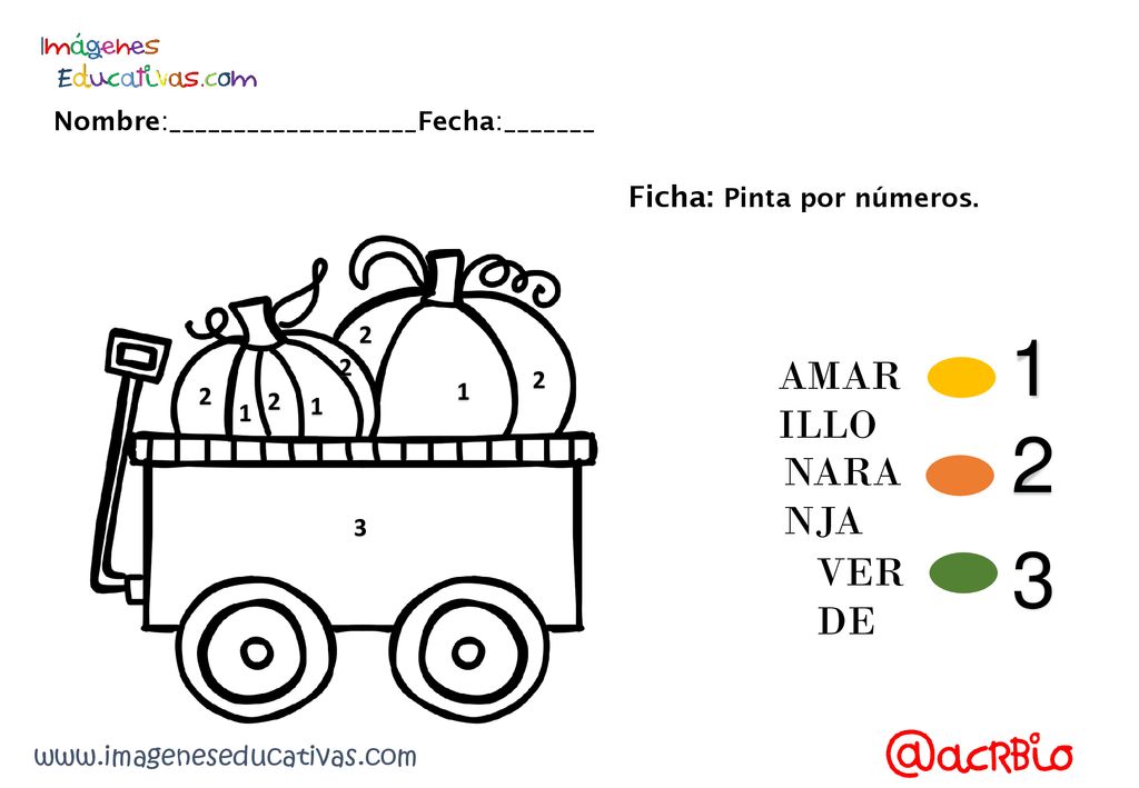 1 2 3 AMARILLO NARANJA VERDE Ficha: Pinta por números.
