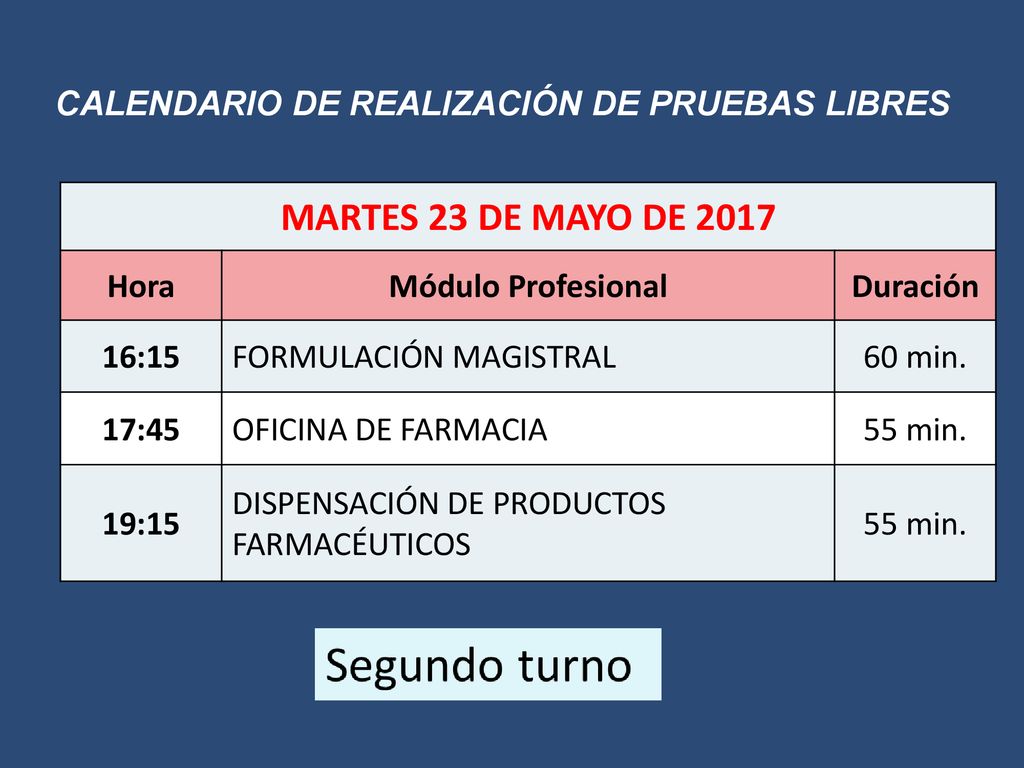 MARTES 23 DE MAYO DE 2017 CALENDARIO DE REALIZACIÓN DE PRUEBAS LIBRES