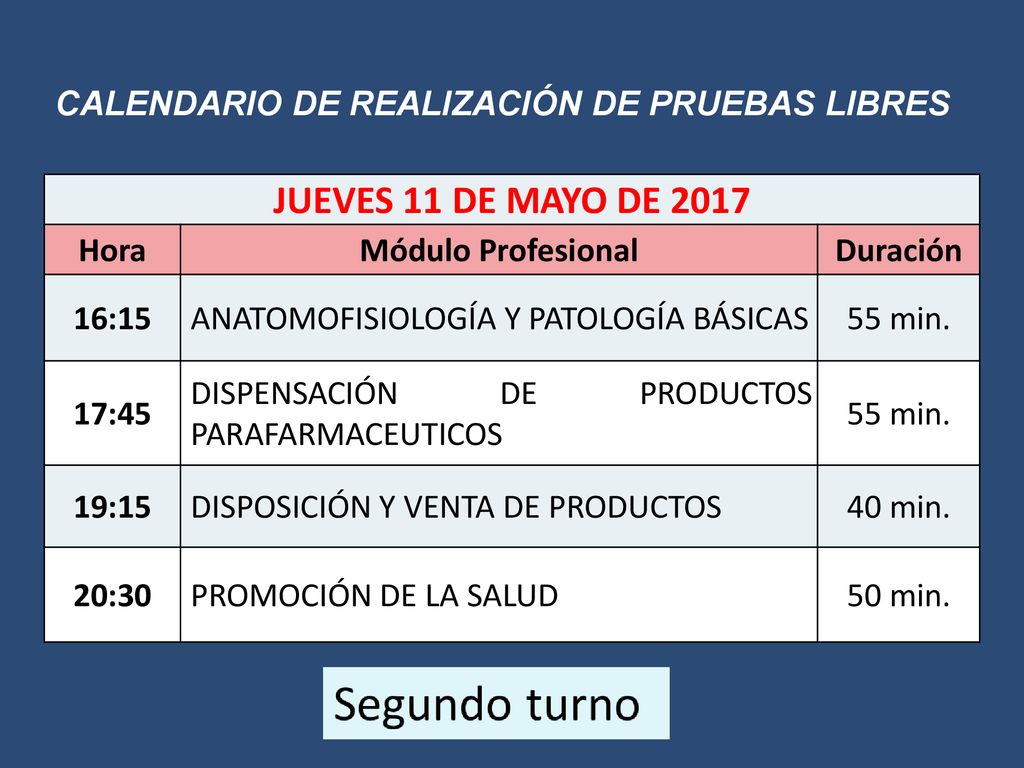 JUEVES 11 DE MAYO DE 2017 CALENDARIO DE REALIZACIÓN DE PRUEBAS LIBRES