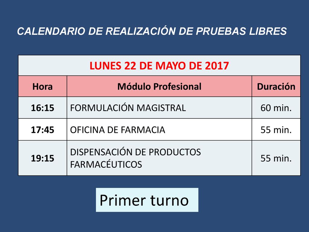 LUNES 22 DE MAYO DE 2017 CALENDARIO DE REALIZACIÓN DE PRUEBAS LIBRES