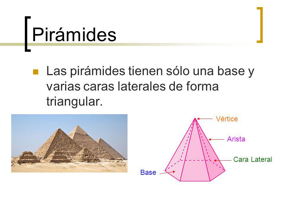 Pirámides Las pirámides tienen sólo una base y varias caras laterales de forma triangular. Vértice.