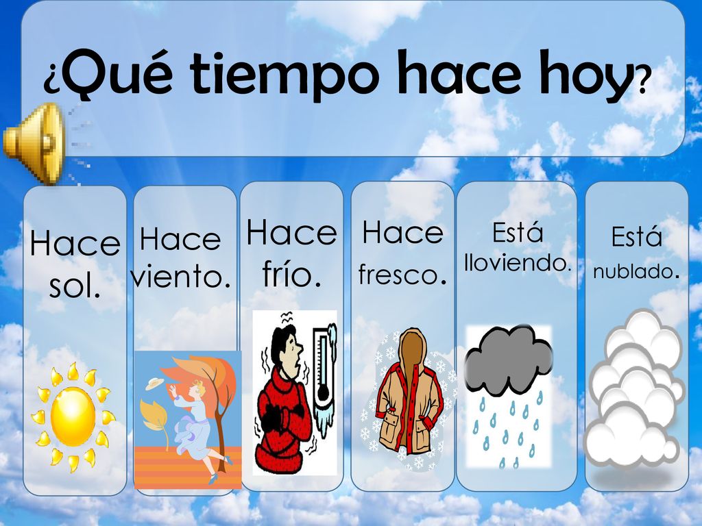 ¿Qué tiempo hace hoy Hace frío. Hace sol. Hace fresco. Hace viento.