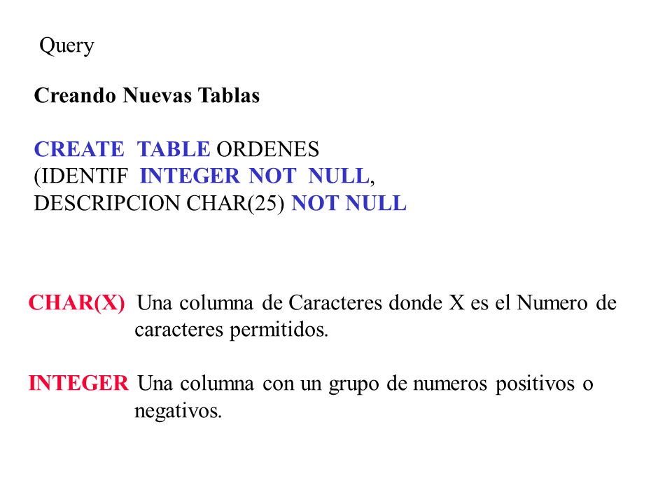 Query Creando Nuevas Tablas. CREATE TABLE ORDENES. (IDENTIF INTEGER NOT NULL, DESCRIPCION CHAR(25) NOT NULL.