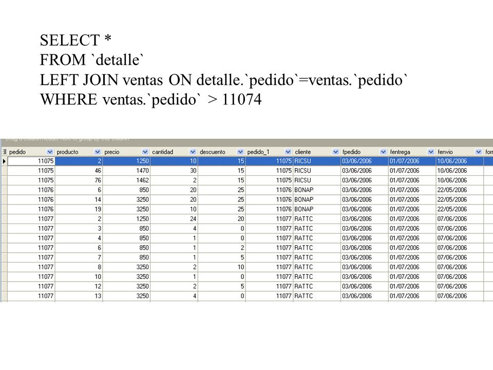SELECT * FROM `detalle` LEFT JOIN ventas ON detalle.`pedido`=ventas.`pedido` WHERE ventas.`pedido` >