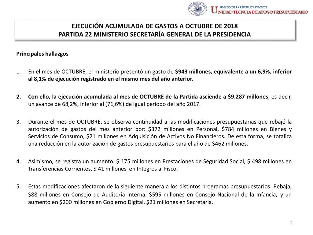 EJECUCIÓN ACUMULADA DE GASTOS A OCTUBRE DE 2018 PARTIDA 22 MINISTERIO SECRETARÍA GENERAL DE LA PRESIDENCIA