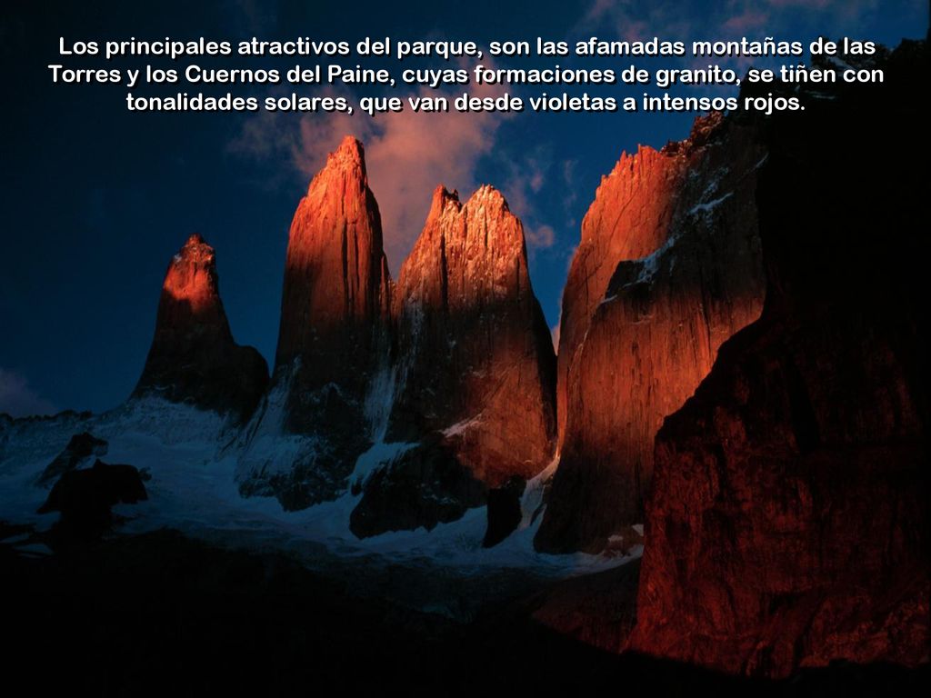Los principales atractivos del parque, son las afamadas montañas de las Torres y los Cuernos del Paine, cuyas formaciones de granito, se tiñen con tonalidades solares, que van desde violetas a intensos rojos.