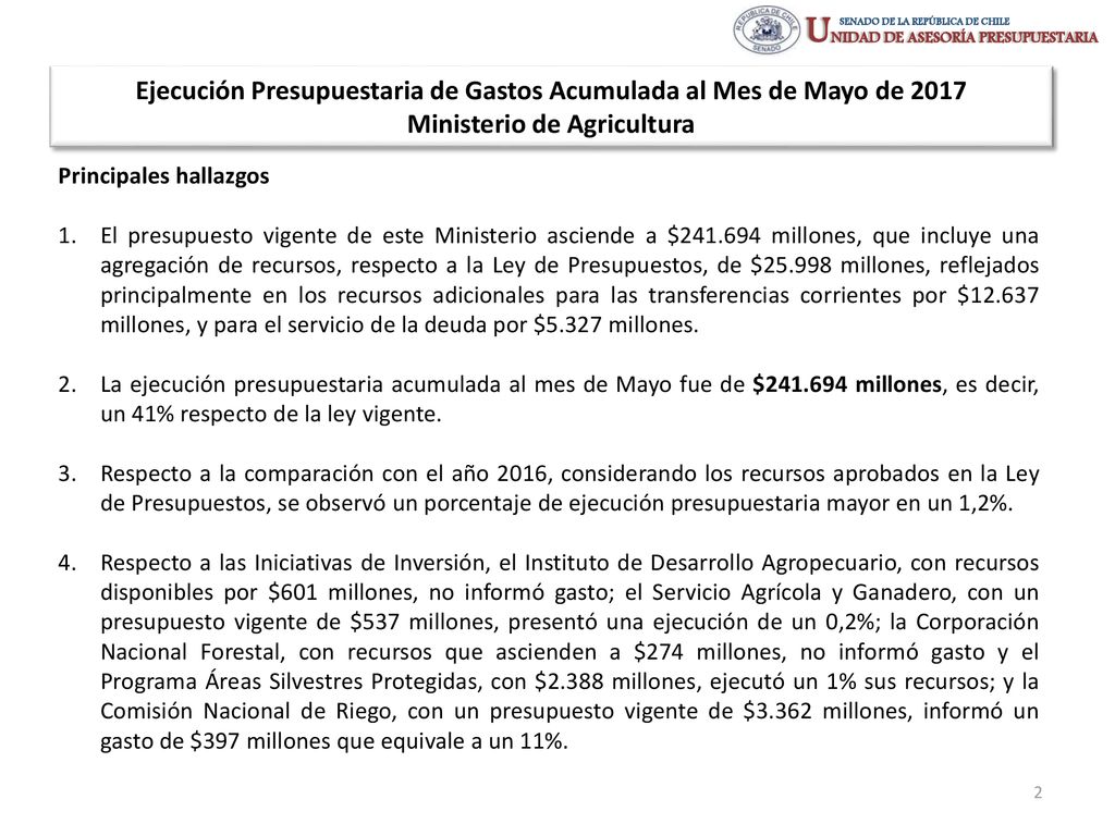 Ejecución Presupuestaria de Gastos Acumulada al Mes de Mayo de 2017 Ministerio de Agricultura