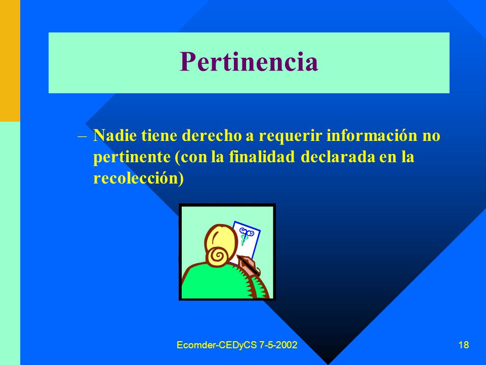 Pertinencia Nadie tiene derecho a requerir información no pertinente (con la finalidad declarada en la recolección)