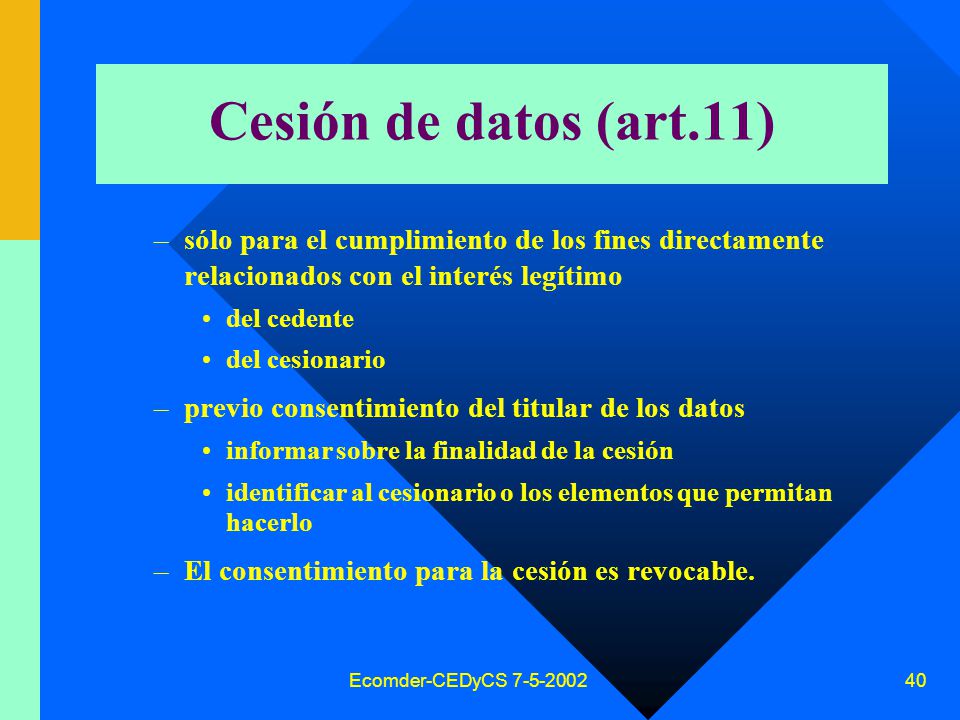 Cesión de datos (art.11) sólo para el cumplimiento de los fines directamente relacionados con el interés legítimo.