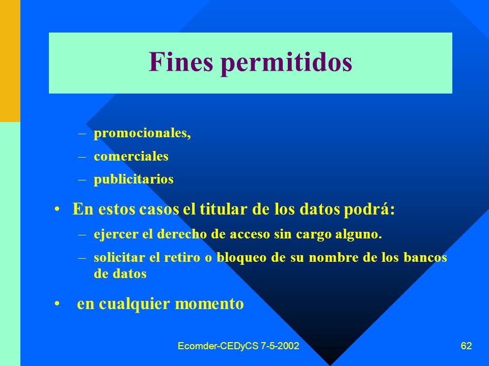 Fines permitidos En estos casos el titular de los datos podrá: