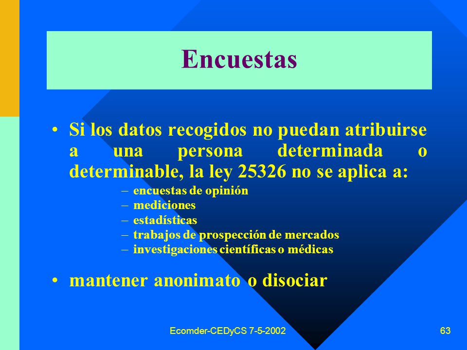 Encuestas Si los datos recogidos no puedan atribuirse a una persona determinada o determinable, la ley no se aplica a: