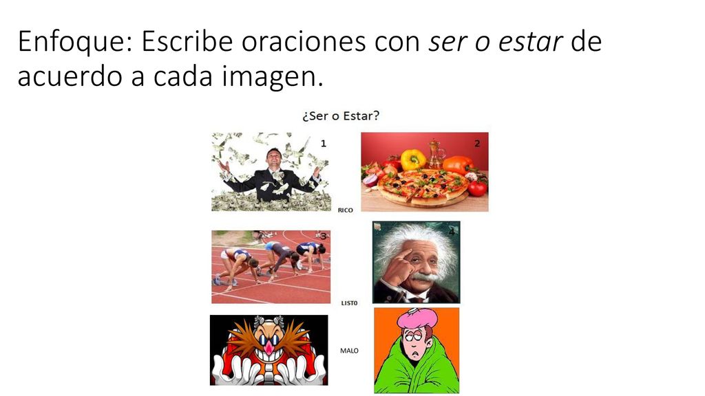 Enfoque: Escribe oraciones con ser o estar de acuerdo a cada imagen.